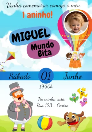 Convite Aniversário Mundo Bita com Foto para Editar Online
