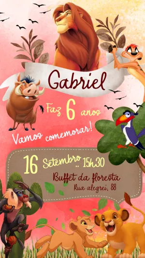 Convite Aniversário O Rei Leão com Personagens para Editar