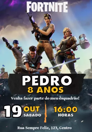 Convite de Aniversário Fortnite com Personagens para Editar