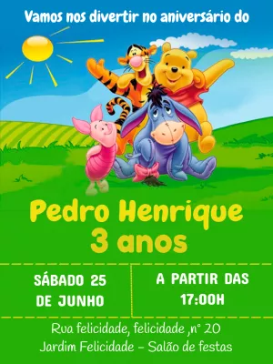 Convite de Aniversário Ursinho Pooh e Amigos para Editar Online