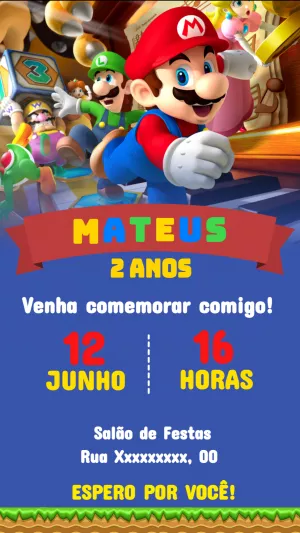 Convite Aniversário Super Mario Bros com Personagens para Editar
