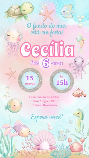 Convite de Aniversário Fundo do Mar para Editar Online