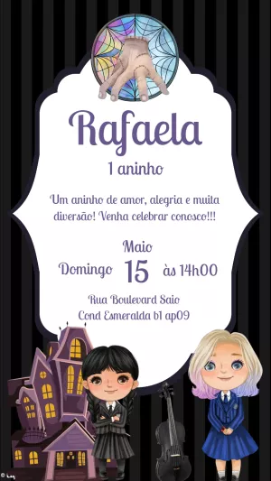 Convite Aniversário Wandinha com Personagens para Editar Online