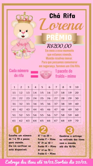 Chá Rifa Ursinha Princesa Rosa e Dourado para Editar