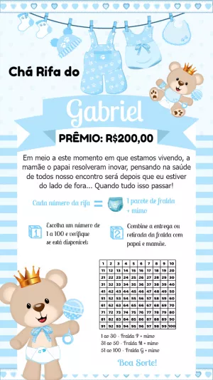 Convite Chá Rifa Ursinho Príncipe para Editar e Enviar