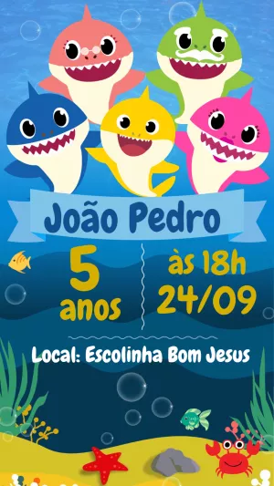 Convite Aniversário Baby Shark com Personagens para Editar Online