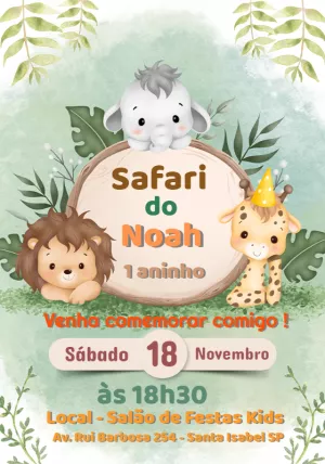 Convite Aniversário Safari com Animais Fofos para Editar Online