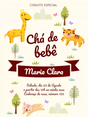 Convite Chá de Bebê Safari com Animais Fofos para Editar Online