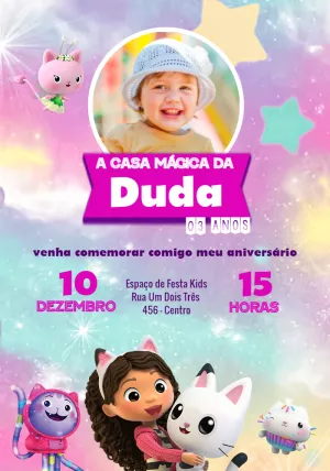 Convite Aniversário A Casa Mágica da Gabby com Foto para Editar