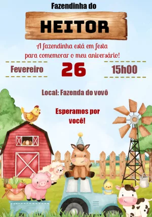 Convite de Aniversário Fazendinha com Animais em Festa para Editar