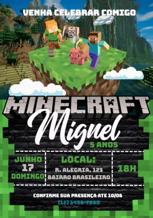 Convite de Aniversário Minecraft com Personagens para Editar Online