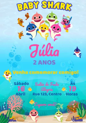 Convite Aniversário Baby Shark Menina para Editar Online
