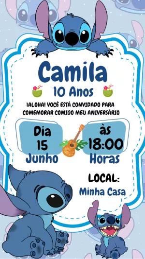 Convite de Aniversário Stitch para Editar e Imprimir