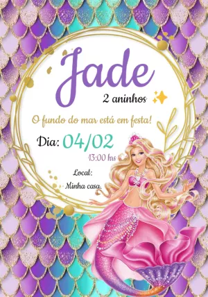 Convite Aniversário Barbie Sereia para Editar Online