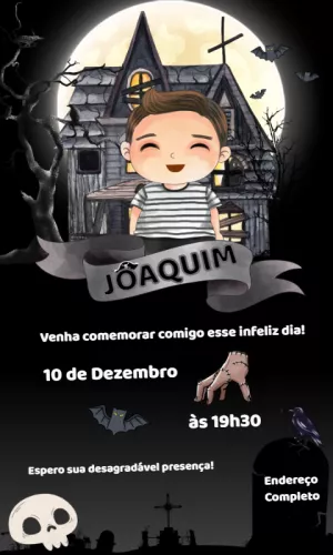 Convite de Aniversário Família Addams com Menino para Editar