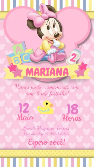 Convite Aniversário Minnie Baby Rosa para Editar Online
