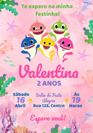 Convite Aniversário Baby Shark Menina Aquarela para Editar Online