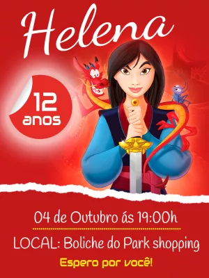 Convite de Aniversário Mulan para Editar Online