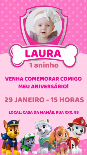 Convite Aniversário Patrulha Canina Rosa com Foto para Editar