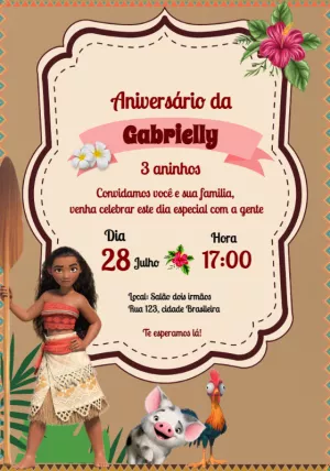 Convite Aniversário Moana para Editar e Enviar Online