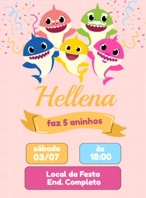 Convite Aniversário Baby Shark Menina Rosa para Editar Online