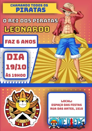 Convite de Aniversário One Piece com Personagens para Editar