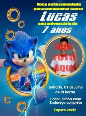 Convite de Aniversário Sonic com Foto para Editar Online