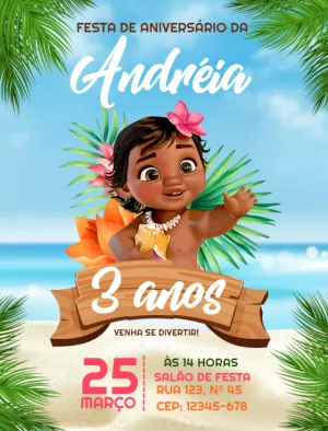 Convite Aniversário Moana Baby para Editar Online