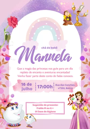 Convite Chá de Bebê Princesa Bela para Editar Online