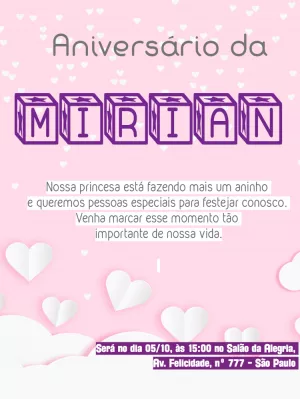 Convite de Aniversário Infantil com Blocos e Corações para Editar