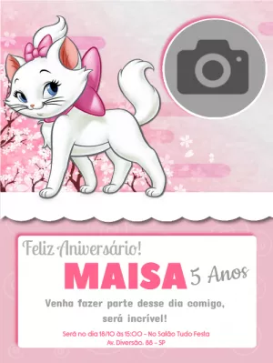 Convite de Aniversário Gata Marie com Foto para Editar Online