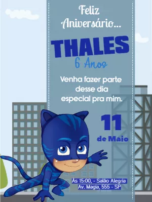 Convite de Aniversário PJ Masks para Editar Online