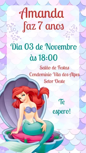Convite Aniversário Pequena Sereia Ariel para Editar Online