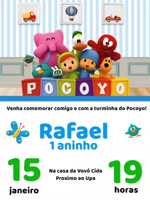 Convite de Aniversário Pocoyo e sua Turma para Editar Online