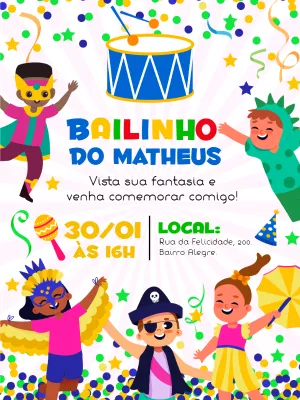 Convite Aniversário Bloquinho de Carnaval Infantil para Editar