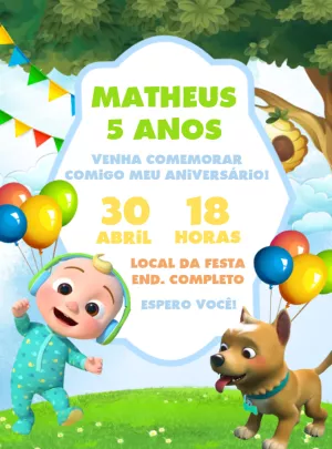 Convite de Aniversário Cocomelon Editável para Imprimir