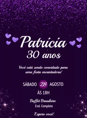 Convite de Aniversário Roxo com Glitter para Editar Online