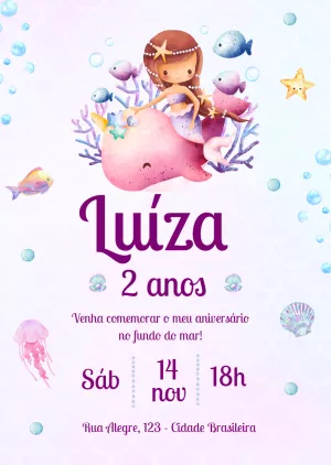 Convite de Aniversário Sereia Fundo do Mar para Editar