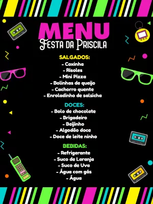 Menu de Aniversário Retrô Anos 80 Editável Online