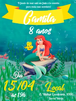 Convite Aniversário Pequena Sereia Ariel para Editar Online