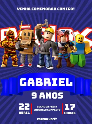 Convite de Aniversário Roblox com Personagens para Editar