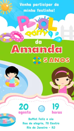 Convite Aniversário Pool Party Menina para Editar Online