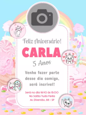 Convite Aniversário Gata Marie com Foto para Editar Online