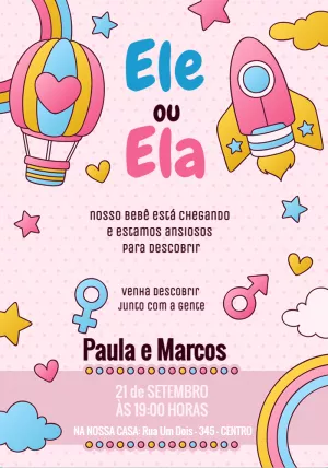 Convite Chá Revelação Foguete e Balão para Editar Online