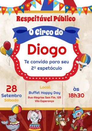 Convite de Aniversário Circo com Animais para Editar Online