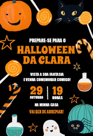 Convite Aniversário Halloween com Ilustrações para Editar Online