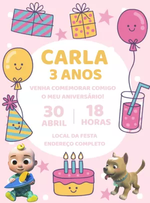 Convite de Aniversário Cocomelon com Personagens para Editar
