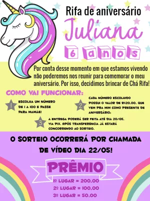 Convite Chá Rifa de Aniversário Unicórnio para Editar