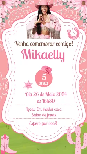 Convite Aniversário Boiadeira Rosa para Editar Online