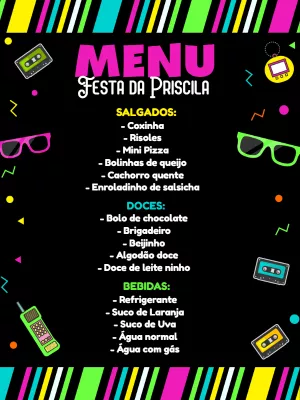 Menu de Aniversário Anos 80 Retrô para Editar Online